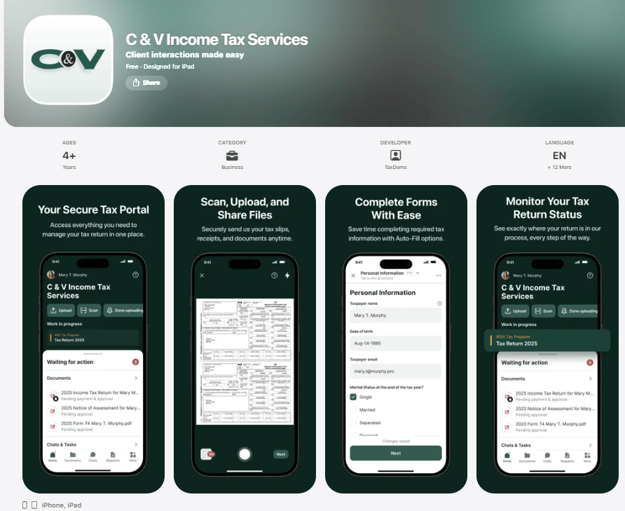 Sample screens for client access app